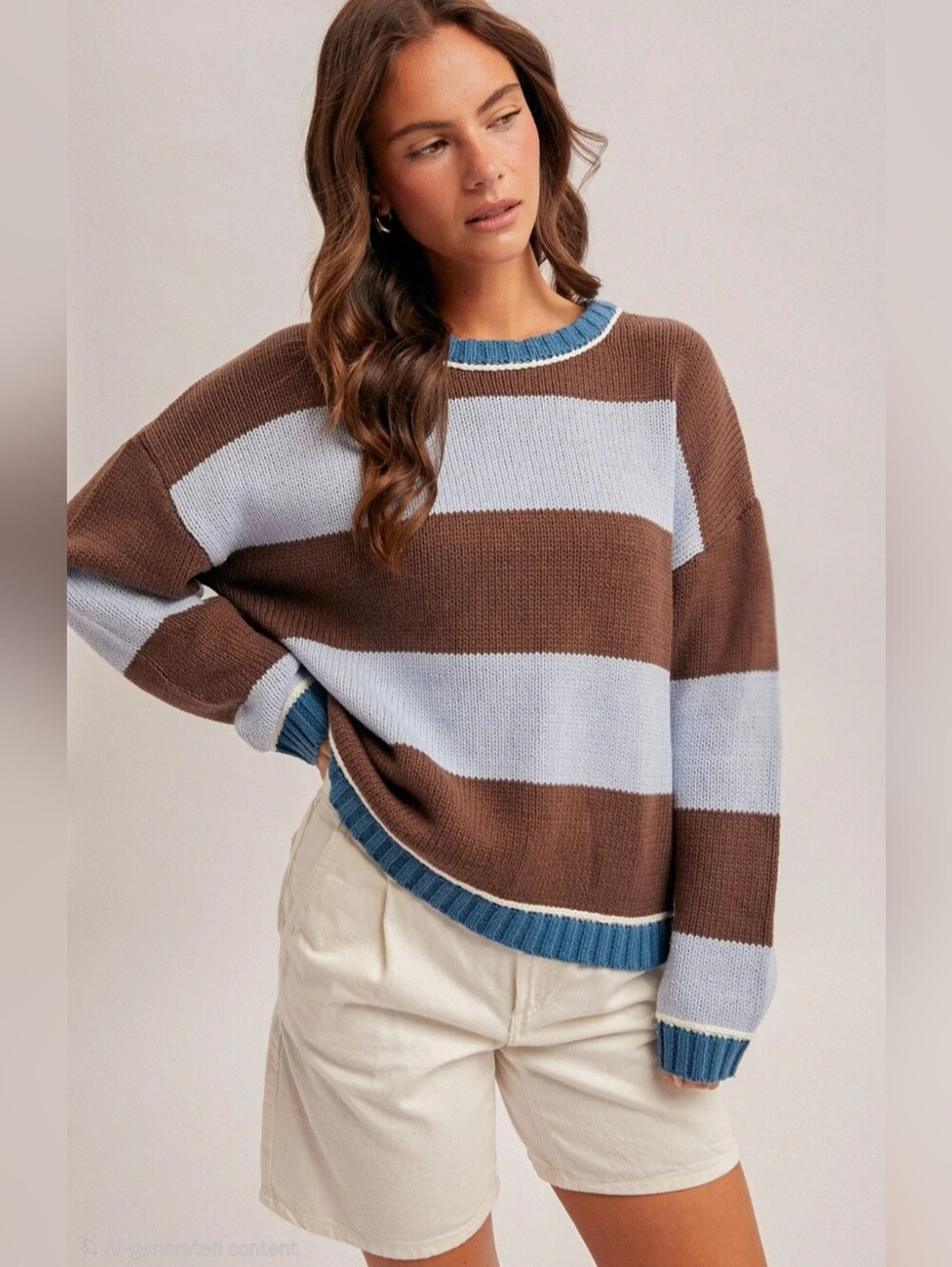Hem & Thread Brown and Light Blue Striped Crewneck Sweater